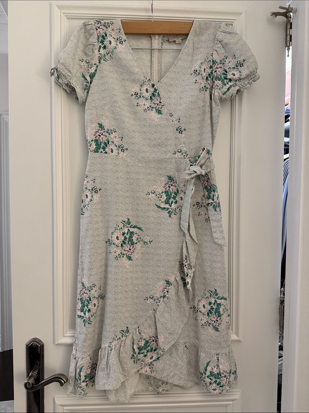 LOFT Light Gray Wrap Midi Dress with Green and Pink Floral Print